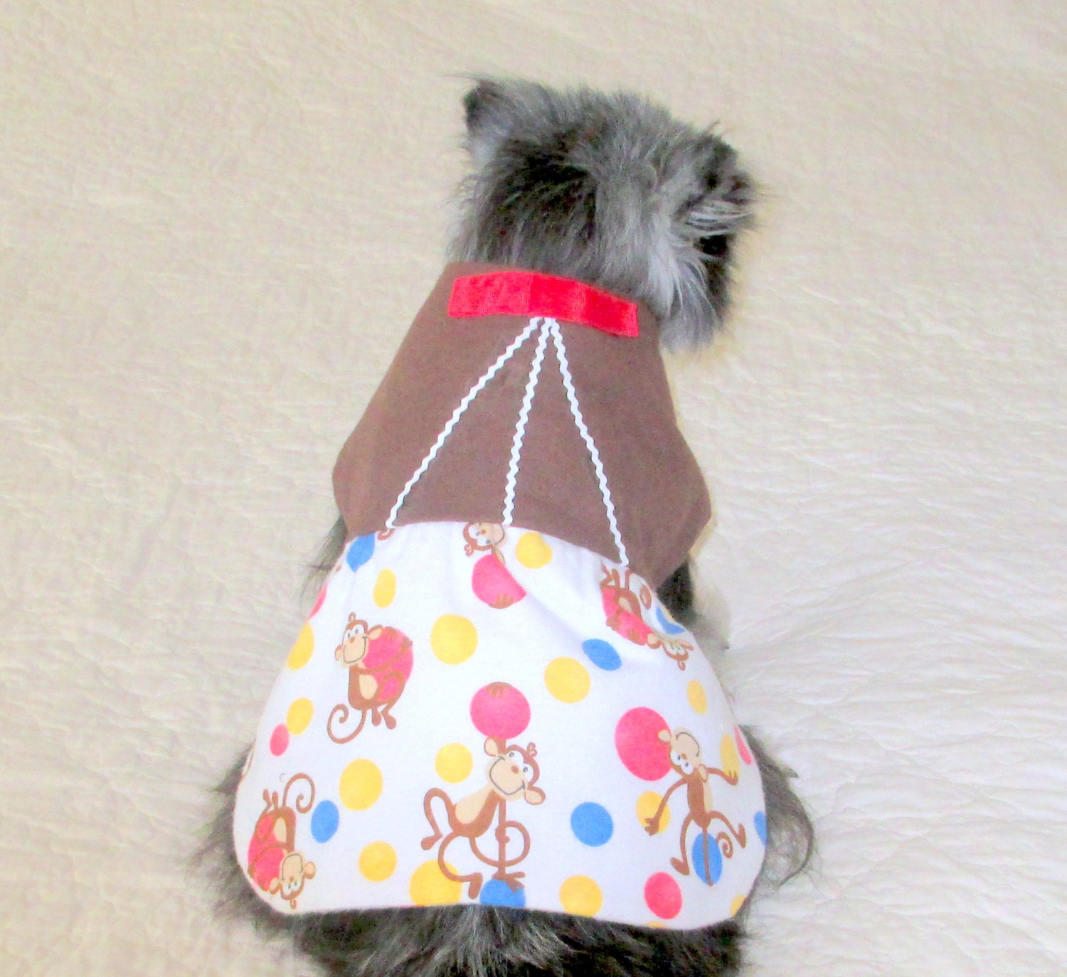 Flannel Dog Dress Made to Order for Small Sizes - Chocolate w/Trim and Skirt with White, Chocolate, Blue and Red