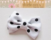 Girls/Baby Fabric Bow Hair Clip, Fabric Polka Dot Hair Bow Clip, White with Black Polka Dot Hair Bow, Fabric Hair Bow