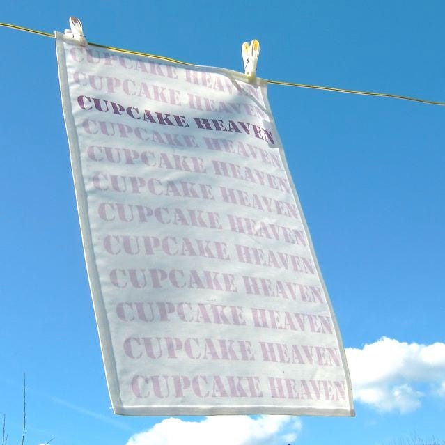 Tea Towel Luxury Linen Cotton, Cupcake Heaven, Original Design, Pastel Purple Lilac Lavender Kitchen Décor Cottage Chic