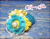 Mustard Yellow, Turquoise, Ivory Headband, Aqua Fabric Flowers Hair Bow, Hair Piece, Clip, Baby Hair Accessory, Flower Brooch