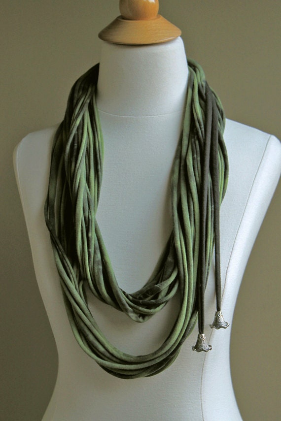 CIRCUS. Strand scarf necklace in super soft 100% cotton jersey. Shibori hand dyed in forest green and black, with silver plated bead cones.