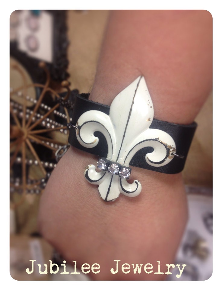 Shabby chic fleur de Lis leather cuff
