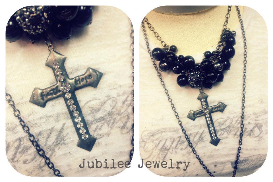 Large hand molten soldered faith hope cross black pearl necklace 