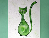 Watercolor card,(No 187), Cat, handpainted greeting card,kitten, card, blank inside, feline, fat cat, green cat