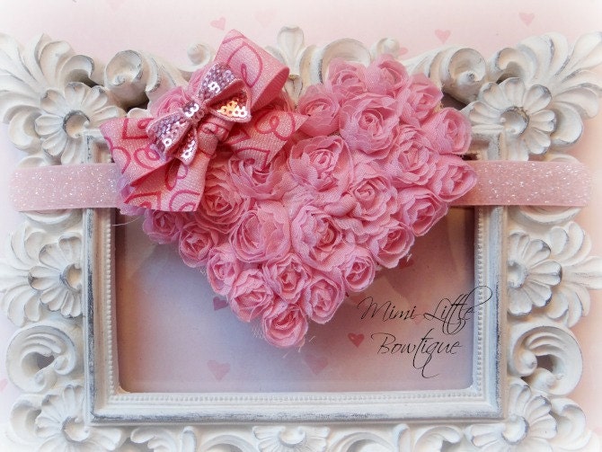 Chiffon Rossette Heart Headband-Baby  headband- Newborn headband- Infant headband- Toddler headband