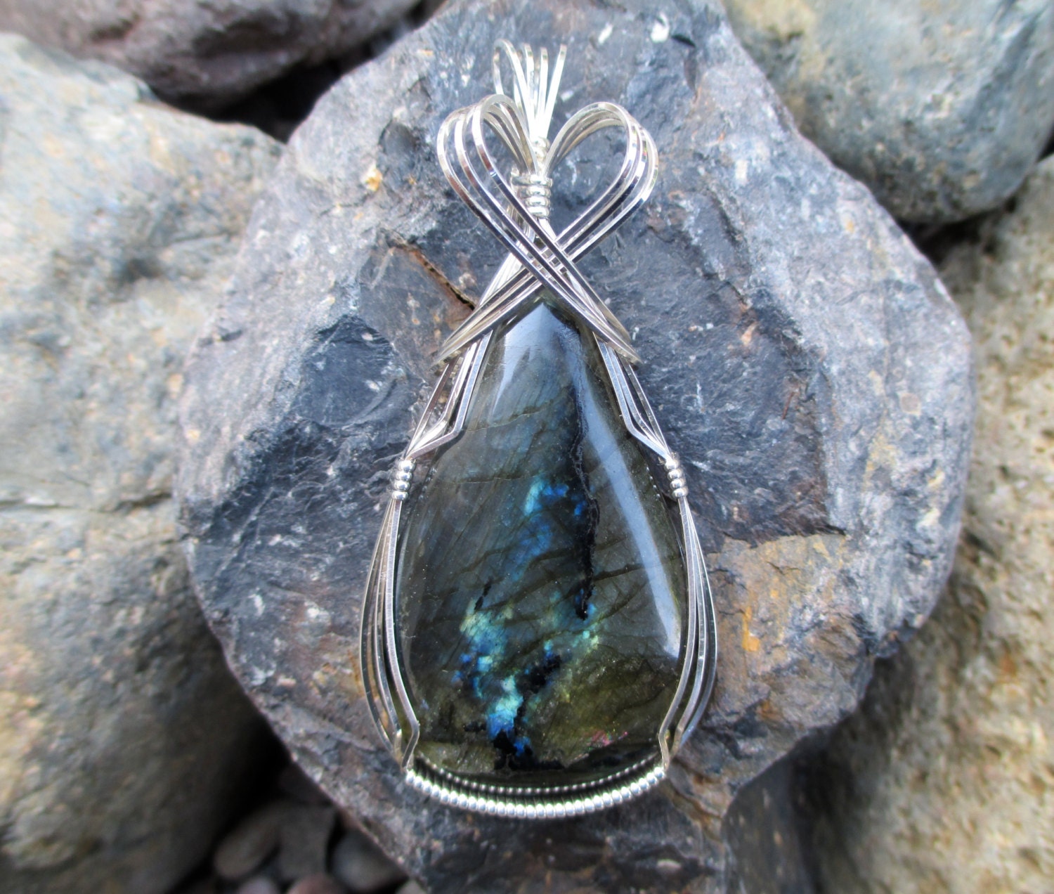 Large Golden Blue Flash Labradorite Stone Sterling Silver Wire Wrapped Pendant Necklace