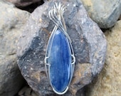 Shimmering Blue Kyanite Stone Sterling Silver Wire Wrapped Pendant Necklace