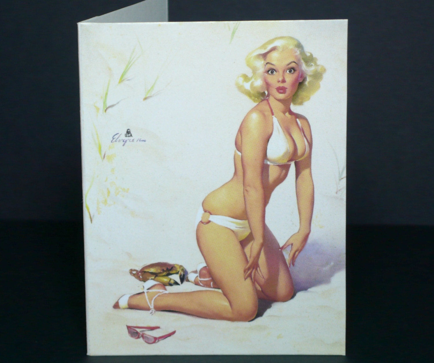Cancer Crab Cancerian Zodiac Birthday Card Blonde Pin Up girl on the Beach mini Astrology