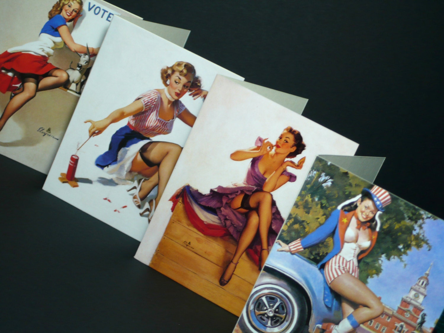 4th July Card Independence Day Americana Patriotic NoteCards American Girls Red White and Blue Labor Day Pin Ups