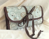 Circular Knitting Needle Organizer Aqua Paisley Brown Trim Notions Bag LOTS of Pockets