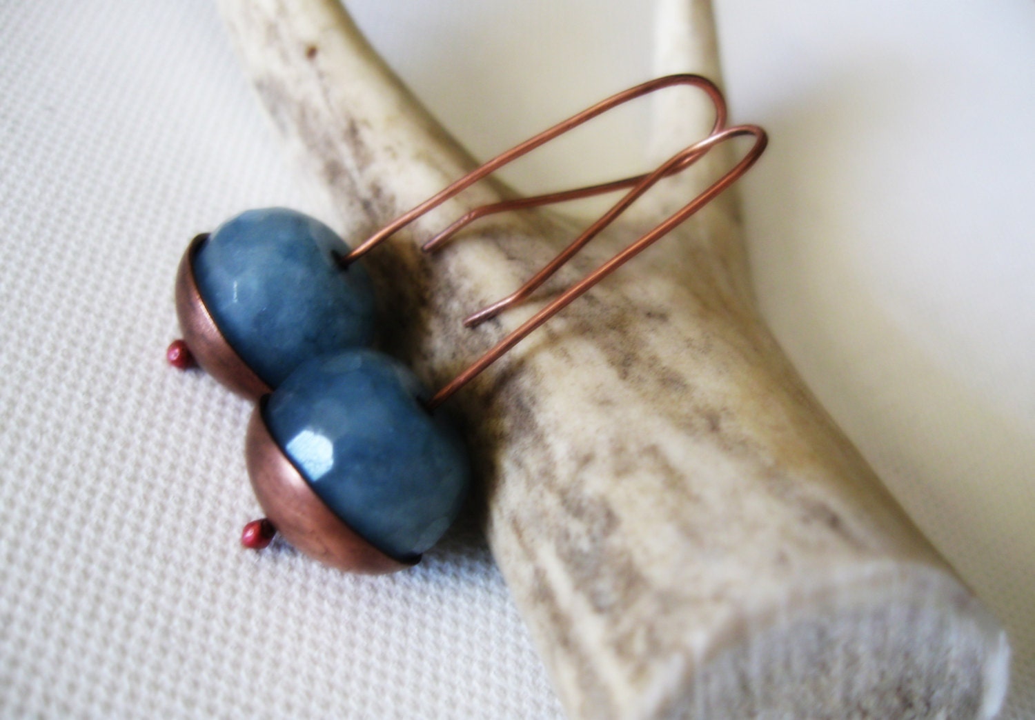 Aquamarine Copper Earrings Blue Faceted Rondelles Gemstone Dangle Drop Cup Bowl Metal Leaf Embossed Metalsmith Industrial Hammered