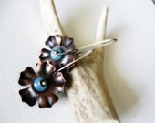 Rustic Flower Copper Earrings Hemimorphite Gemstone Stone Dangles Sterling Silver Drop  Mixed Metal Industrial  Metalsmith Metalwork Jewelry
