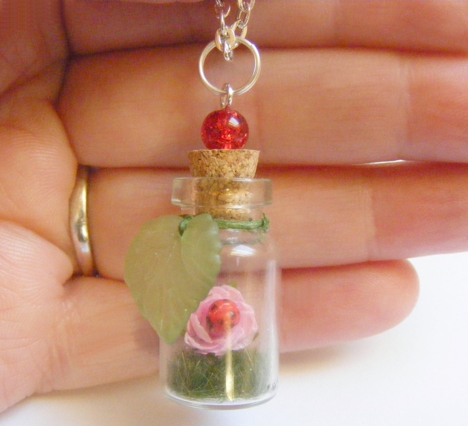 Rose and Ladybug Miniature Food Necklace Pendant - Miniature Food Jewelry