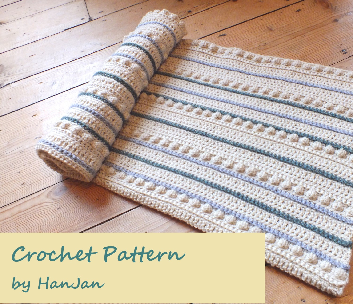 PDF Crochet Pattern: Rustic Cream, Green and Grey Bobble Baby Blanket/Afghan, quick/easy UK instructions with HanJan crochet tutorial