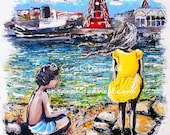 A4 Print Original Artwork Wall Hanging Large Art Mixed Media Art Girl Painting Woman Artwork Modern Retro Nautical Lighthouse - The Song