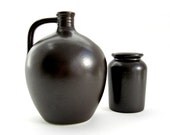 Pair Swedish Modern Hoganas Keramik Stengods Stoneware Vessels / Jar or Pot and Handled Jug / Dark Brown Glaze / Mid Century Swedish Pottery