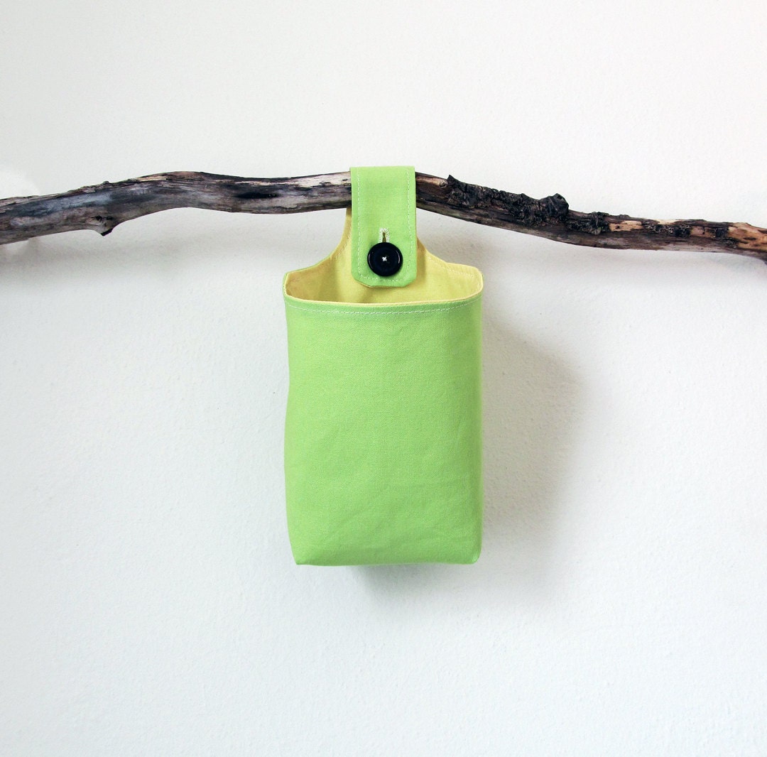 Hanging Storage Basket with Black Button, Custom Color Fabric Baskets, Green and Yellow Reversible Baskets, MADE TO ORDER