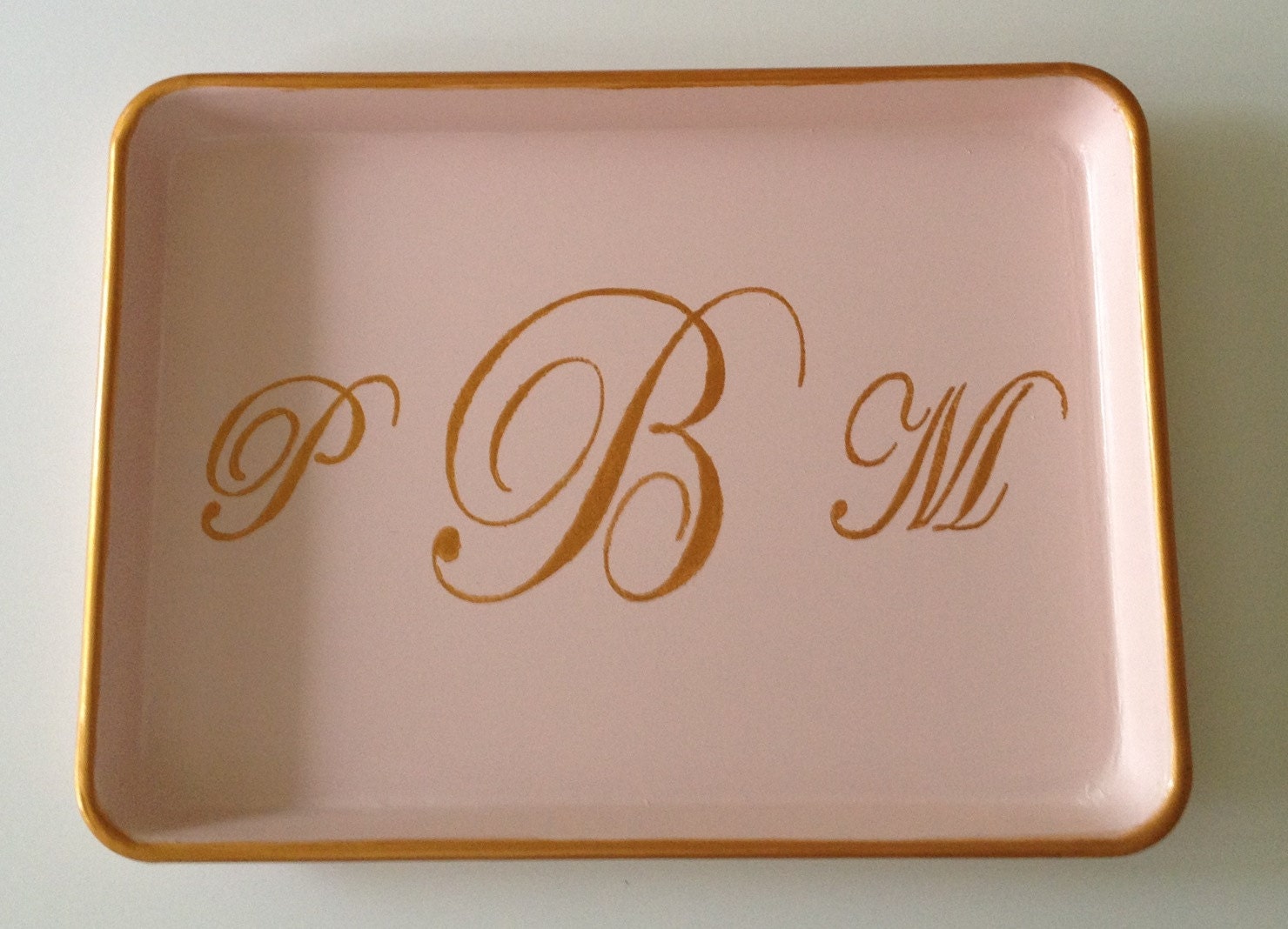 M gold script monogram pale pink tray