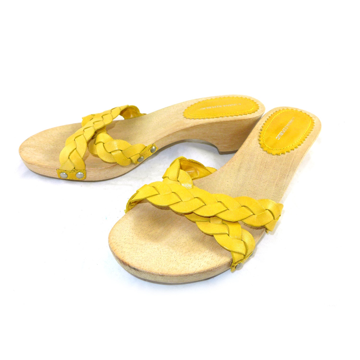 Cute Americana / pinup braided leather banana yellow wood slides / sandals / thongs / low heel shoes 8