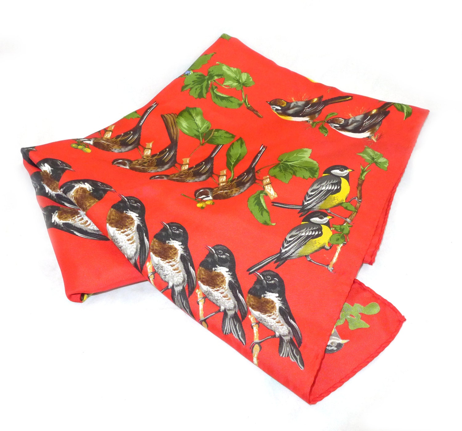 Deep red silk bird-print scarf - thick, hand rolled edges, Italy made novelty print, chickadee, finch, large