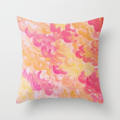 BEAUTIFUL DECOR PILLOW 18 x 18 Decorative Throw Pillow Cushion Cover, Modern Home Pretty in Pink Tangerine Peach Fluffy Clouds Plumes