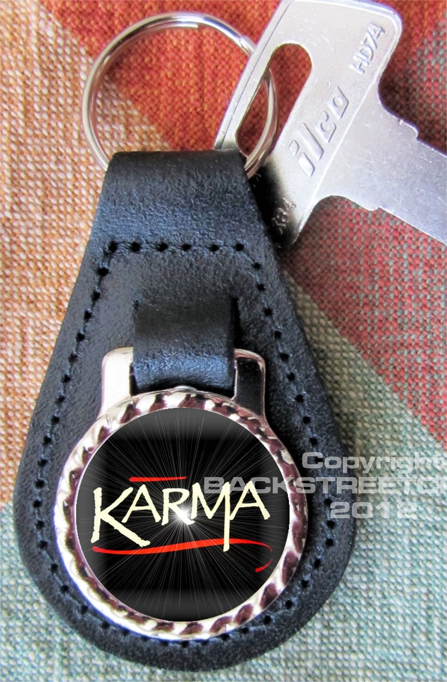 KARMA  Genuine dyed black Leather Key Ring Fob Fathers Day  Graduation Christmas Under 15.00