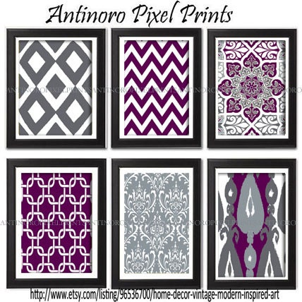 Digital Print Wall Art Prints Vintage / Modern Inspired  - Set of 6 - 8x11 Prints - Purple / Grey (UNFRAMED)