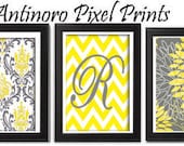 Personalized Yellow Grey Floral Vintage / Modern inspired  Art Prints Collection  -Set of (3) - 8x10 Prints -   (UNFRAMED)