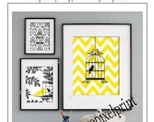 Bird Collage Yellow Greys Black Art Wall Gallery Digital Print  -Set of (3) -  Prints -  16x20, 8x10, 5x7, (UNFRAMED)