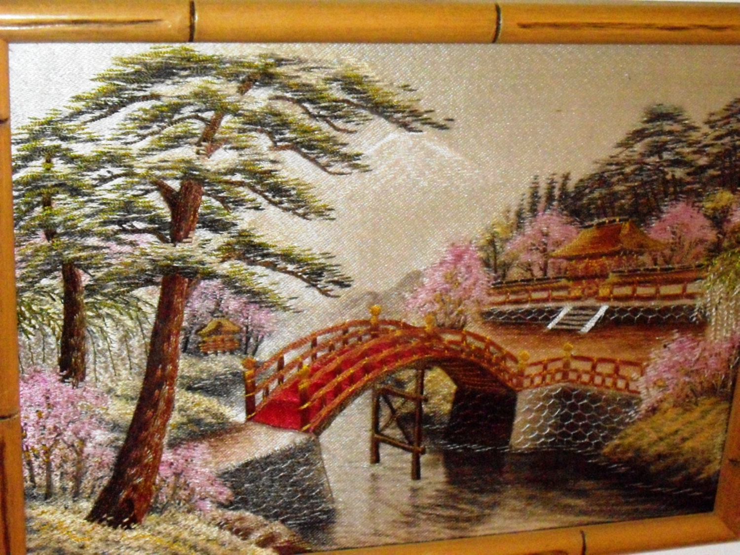 Vintage Japanese Silk Embroidery Underglass in Bamboo Frame, RARE, Free US Shipping