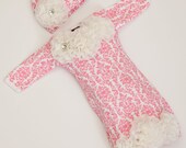 Pink Damask Newborn Layette Cotton Baby Gown with Off White Chiffon Flowers and Rhinestones