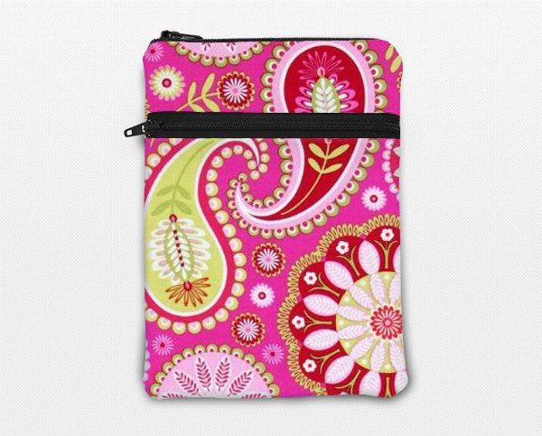 Apple iPad mini sleeve, Galaxy tab 7" pouch, Kobo Glo cover with zipper front pocket, padded with foam - pink paisley