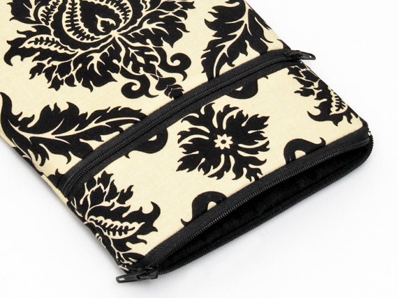 iPad mini sleeve, iPad mini case, Apple iPad mini cover with zip front pocket - black and cream damask