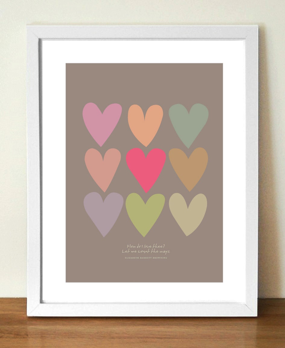 Counting Hearts Poster Print, Valentine's Gift, 'How do I love thee', Elizabeth Barrett Browning poem, A3
