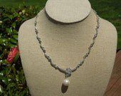 Vintage Pearl Necklace in Silver Tone with Rhinestones and Faux Pearl.  16 Inches.