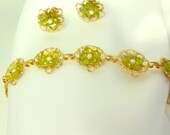 Vintage Bracelet and Earrings in Gold Filigree and Green Glass with Pearl Center