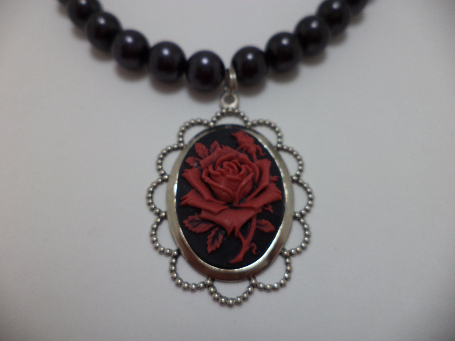 Beautiful, Black, Pearl, Red, Rose, Cameo, Sterling Silver, Glass Bead, Pin Up Girl, Goth, Necklace