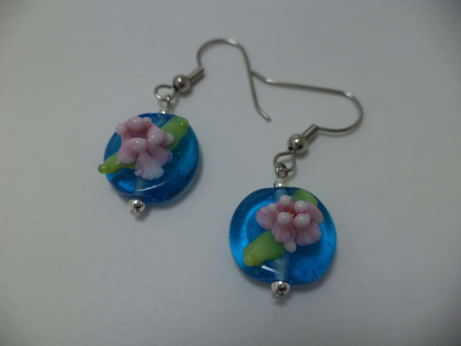 Blue and Pink Lily Pad Lampwork Earrings - Pond, Glass Bead, Dangle, Lilypad, Spring, Summer