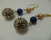 Gold and Blue Glass Bead Earrings - Dangle, Boho, Gypsy