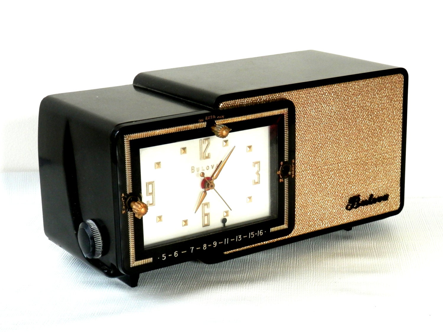 Mid Century Bulova Black and Metallic Gold Clock Radio Atomic Age