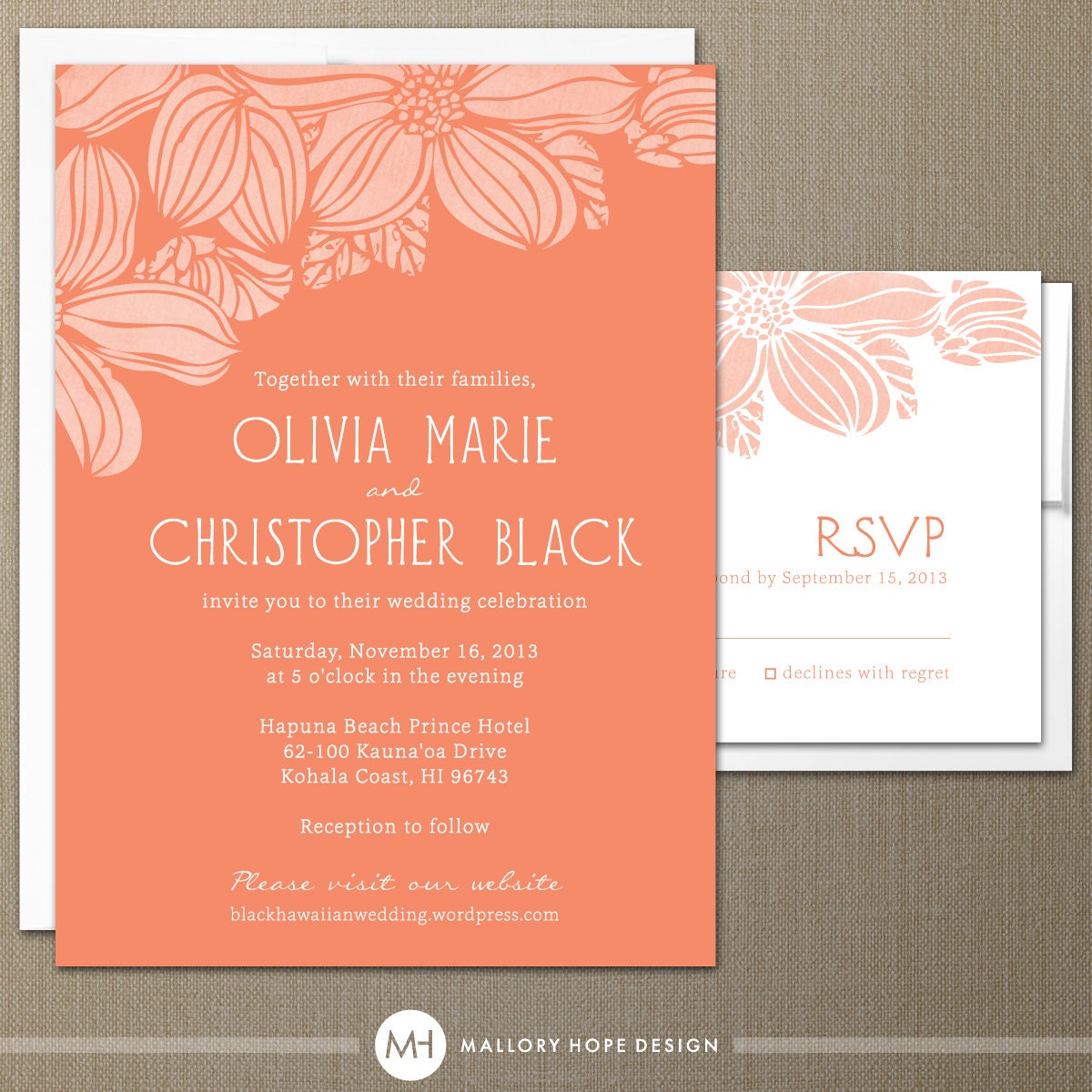 Tropical Flowers Hawaiian Modern Wedding Invitation & RSVP Set - CUSTOMIZE Colors and Content - Digital Design Files