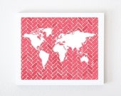World Map on Chevron In Pink & Mint 8x10