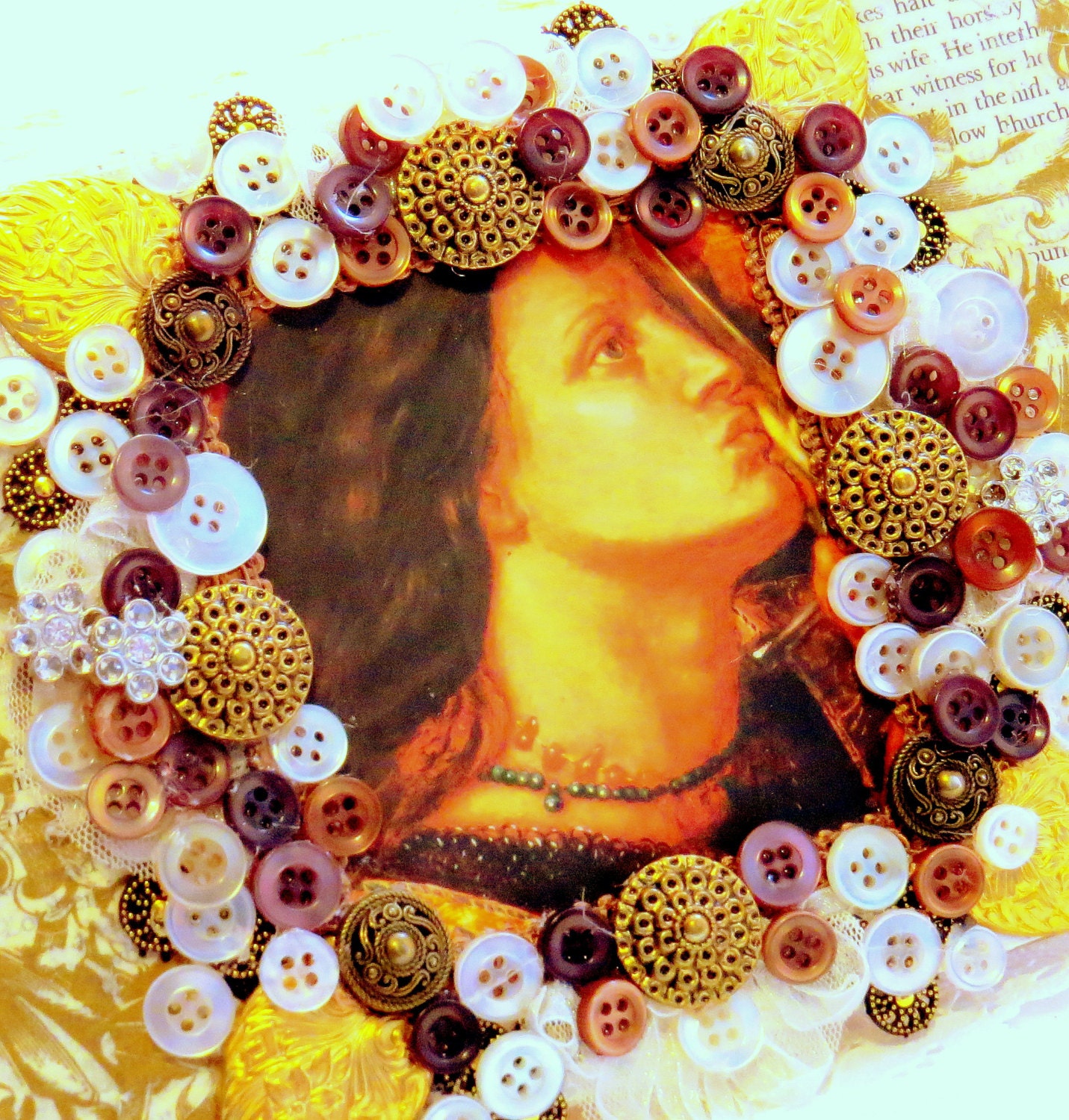 CLEARANCE Art Mixed Media altered box St. Joan of Arc France French paper lace bookmarks notes ivory burgundy TAGT