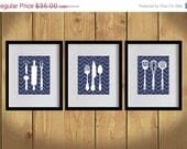 ON SALE Kitchen Art Print - Chevron, Dining Utensils, Cooking Utensils - Set of 3 - 8X10 - Blue, Gray, White - No. KB006-6