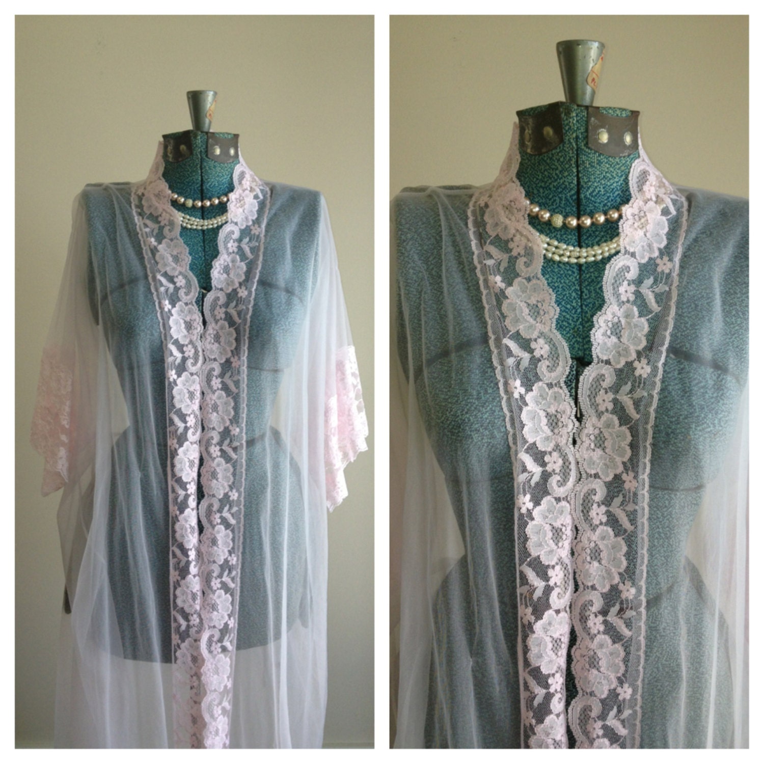 Vintage sheer pastel pink Robe / vintage loungewear / vintage long lace robe / size 3XL