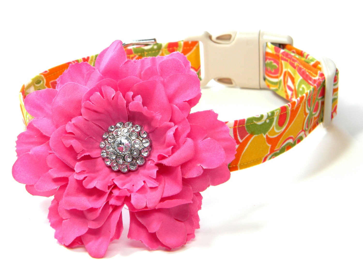 Paisley Dog Collar with Flower: Pink and Orange Paisley.... Pet Collar, Peony, Colorful Dog Collar