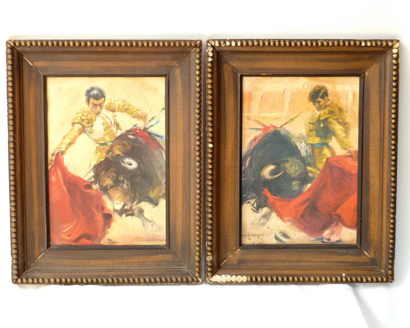 Mid Century Wall Art Print Pair  --  Vintage 50s 60s Mad Men Decor -  Matador / Bull Fighter Painting