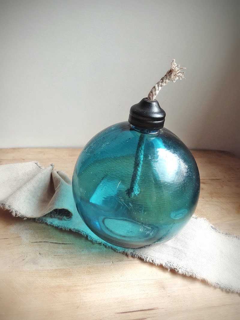 Vintage Glass Lamp, Teal Blue Oil Kerozene Lamp, Rustic Home Farmhouse Garden Decor