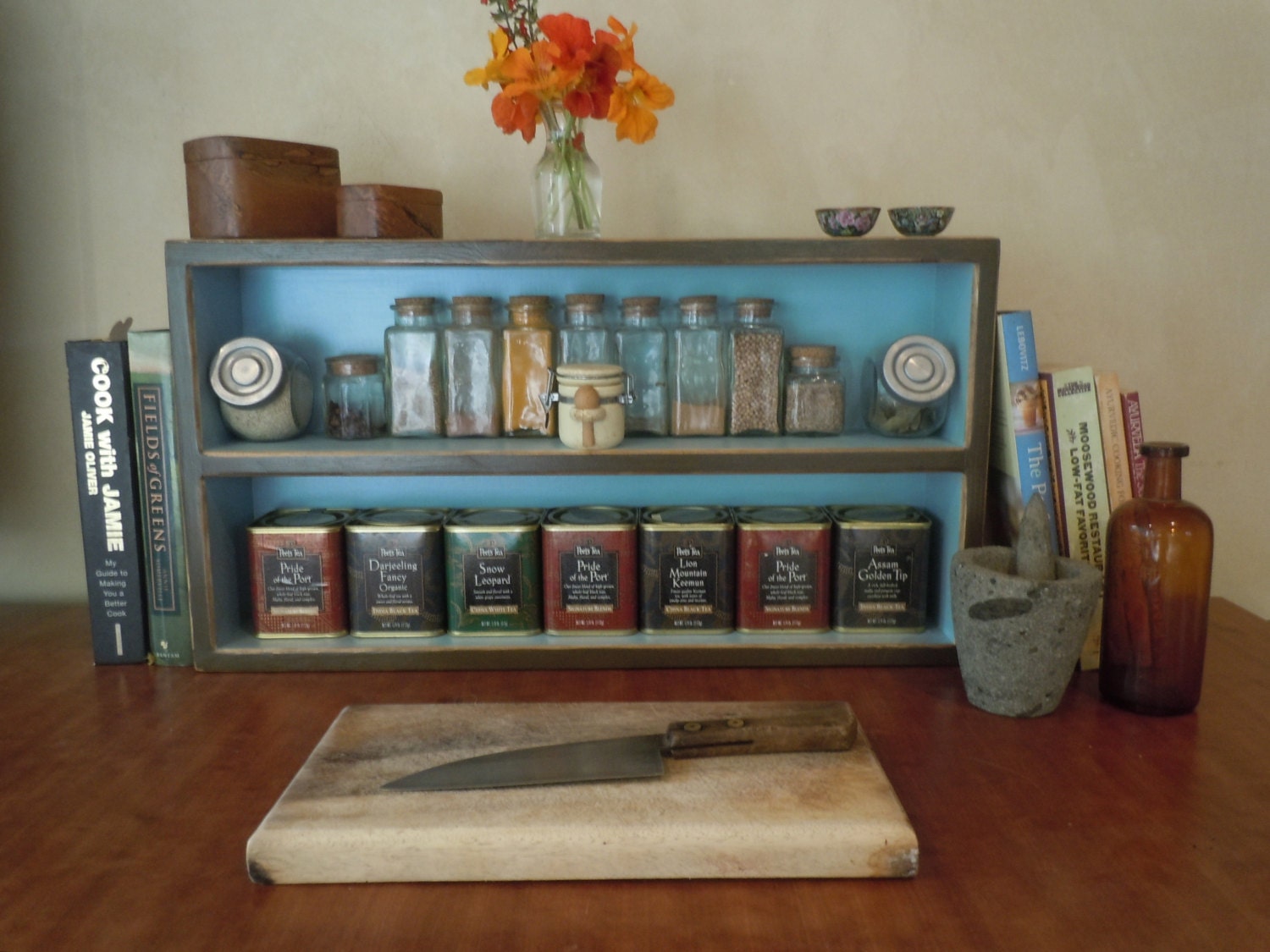 Spice Rack-Large Free Standing Spice Rack in Chocolate and Sky Blue