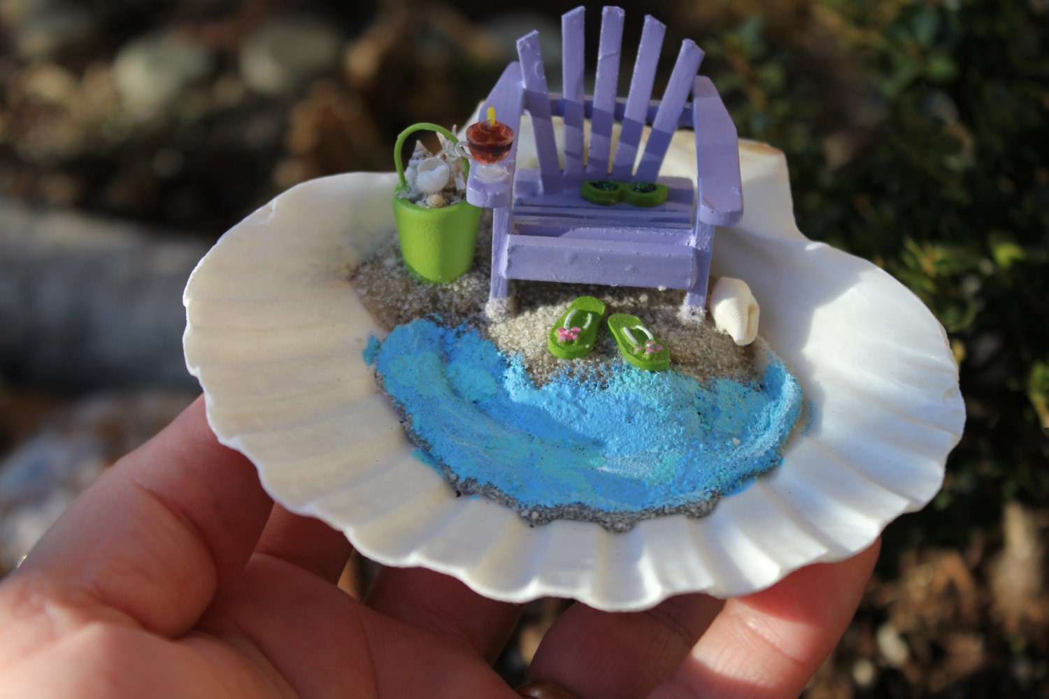 Desktop Miniature Beach Vacation (Lavender Chair) in a  Sea Shell with Bucket and Tropical Drink by Landscapes In  Miniature